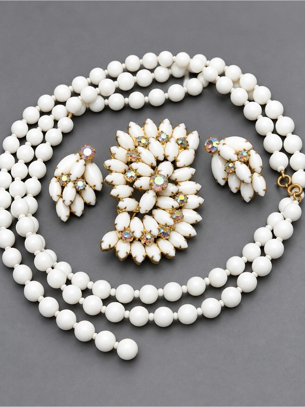 Vintage Navette Milk Glass Brooch and Clip-On Earring Set plus Flapper Beads